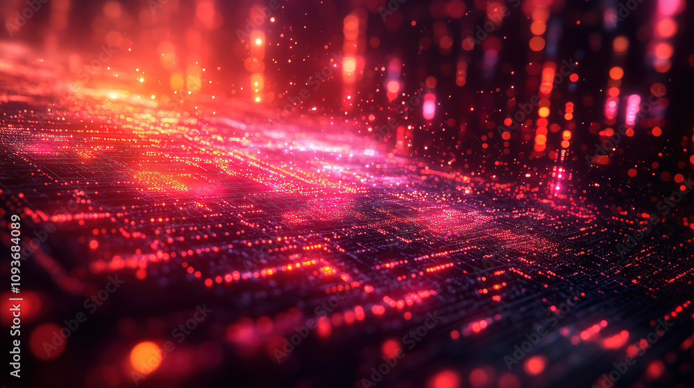 Poster dynamic digital landscape illuminated by vibrant particles in a futuristic setting at night. generat