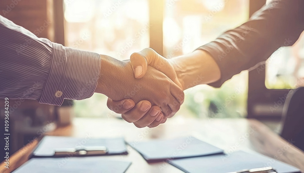 Aufkleber two hands shaking in agreement with documents on a table