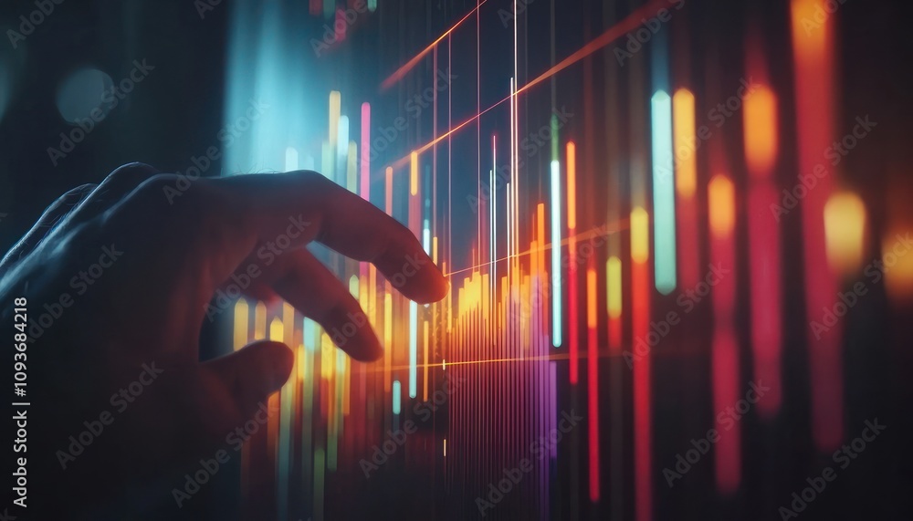 Aufkleber A Hand Interacting with a Screen Displaying Colorful Vertical Bars and Lines