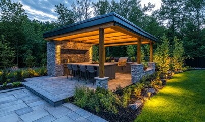 Fototapeta premium Backyard landscape design with outdoor living feature like an outdoor kitchen