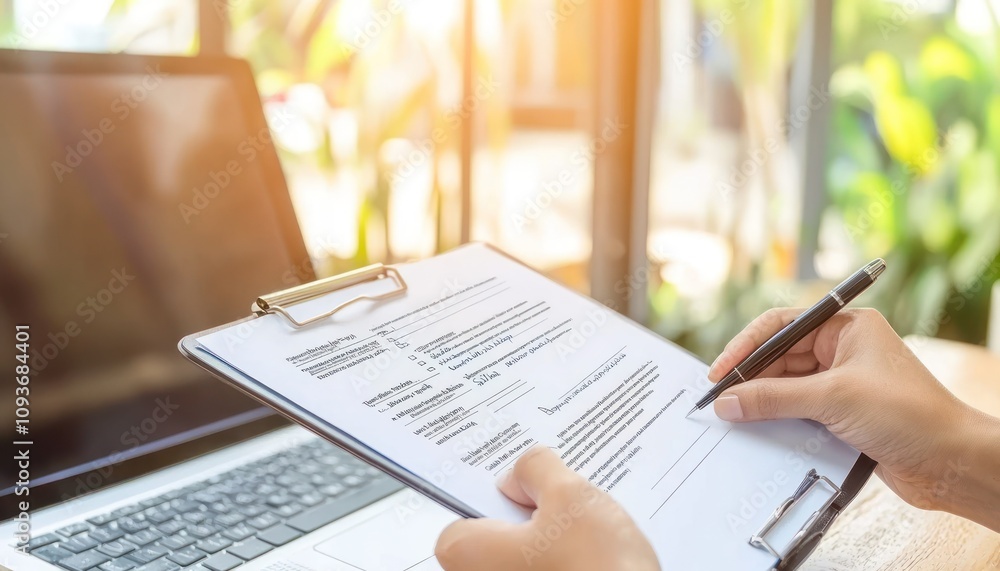 Poster person signing a document on a clipboard with a pen