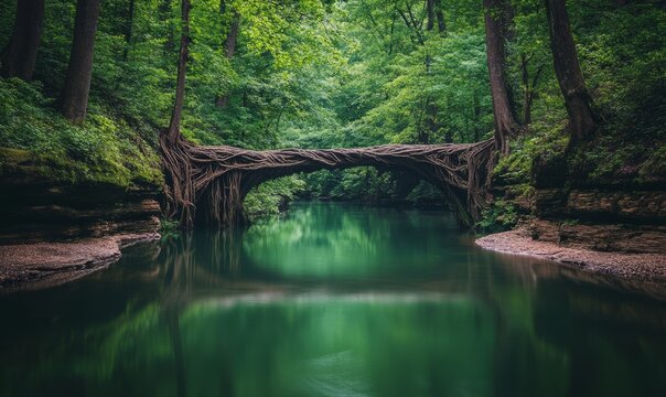 A natural living root bridge stretches over a calm green river surrounded by dense forest