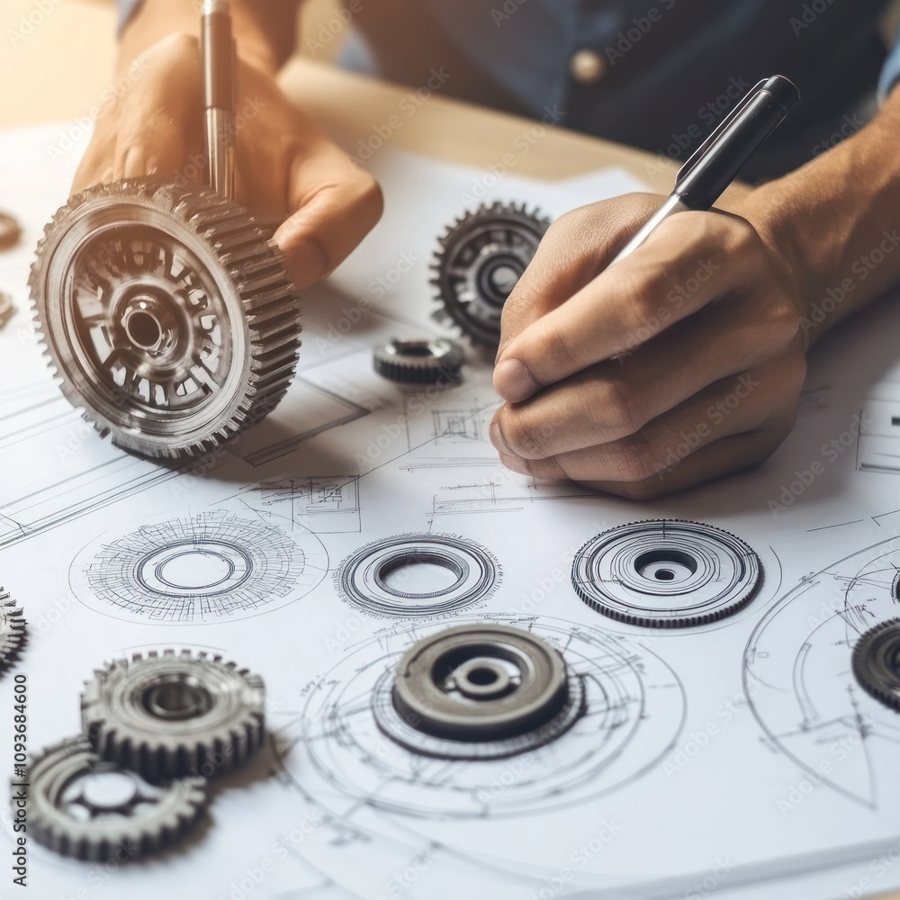 Aufkleber engineer designing with gears and pen on a blueprint