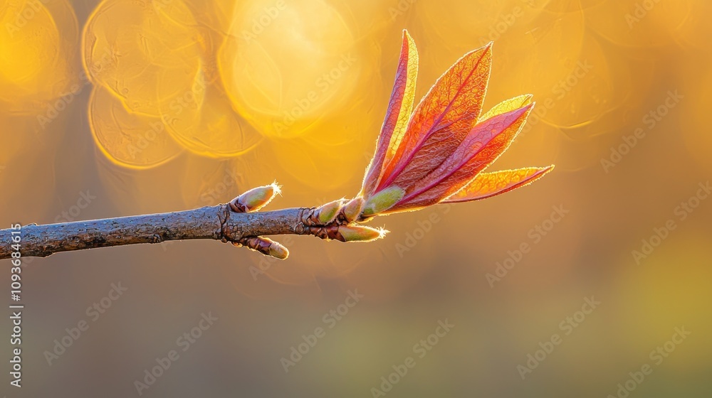 Poster red leaf bud emerging from a branch against a bokeh background