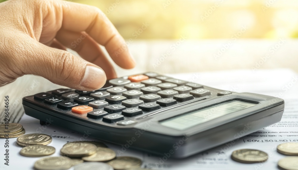 Aufkleber Close-up of a Hand Using a Calculator with Coins and a Bill in the Background