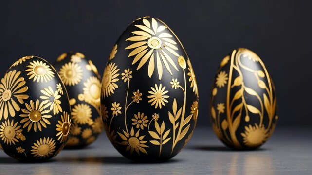 Black Easter eggs with handmade gold pattern. Hand-painted eggs. Trend. concept of a happy Easter.