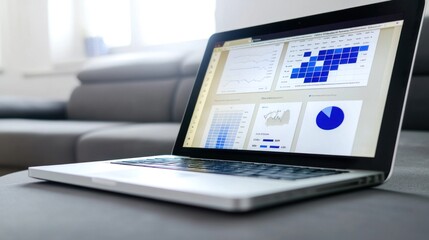 Open Laptop Displaying Charts and Graphs with Blue Color Scheme
