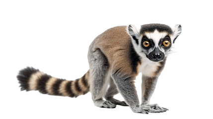 Fototapeta premium A curious lemur with a long striped tail isolated on a transparent background, PNG