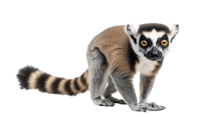A curious lemur with a long striped tail isolated on a transparent background, PNG