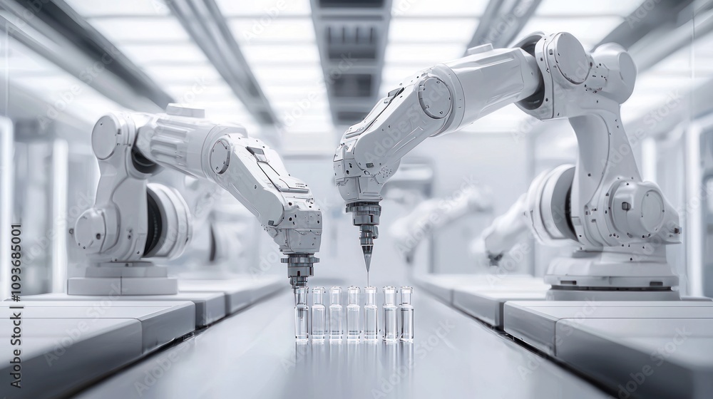 Poster robotic arms filling vials in a sterile laboratory setting
