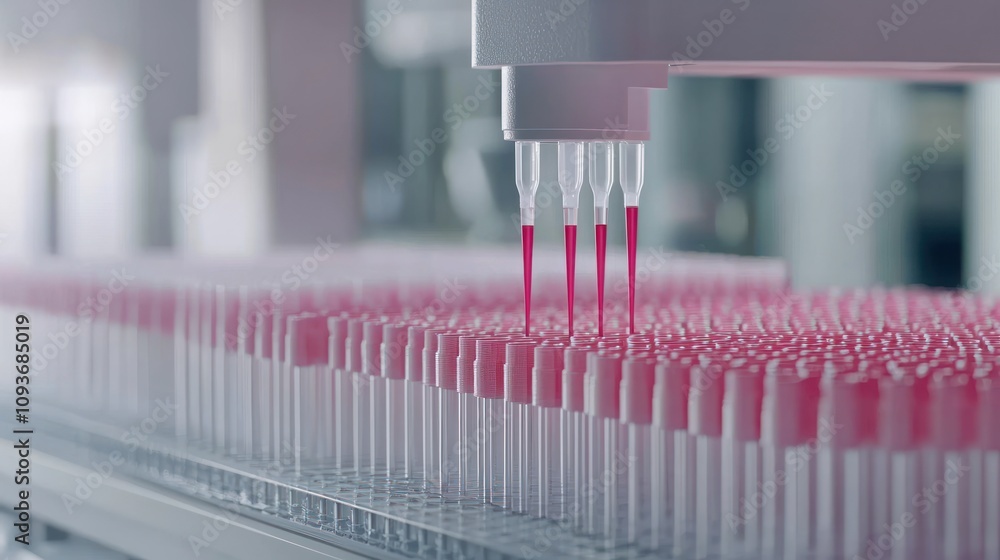 Poster automated pipette dispensing liquid into test tubes