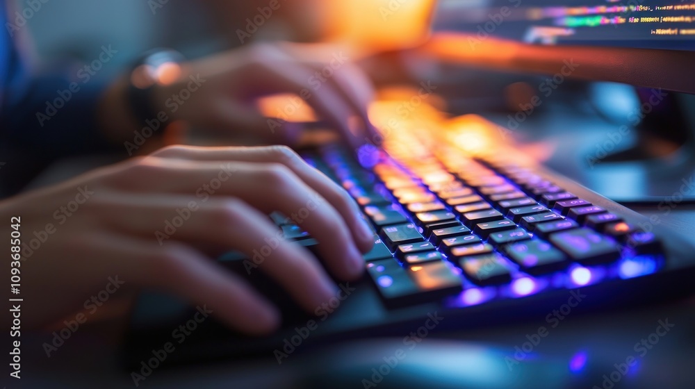 Poster close-up of hands typing on a backlit keyboard with purple and blue lighting