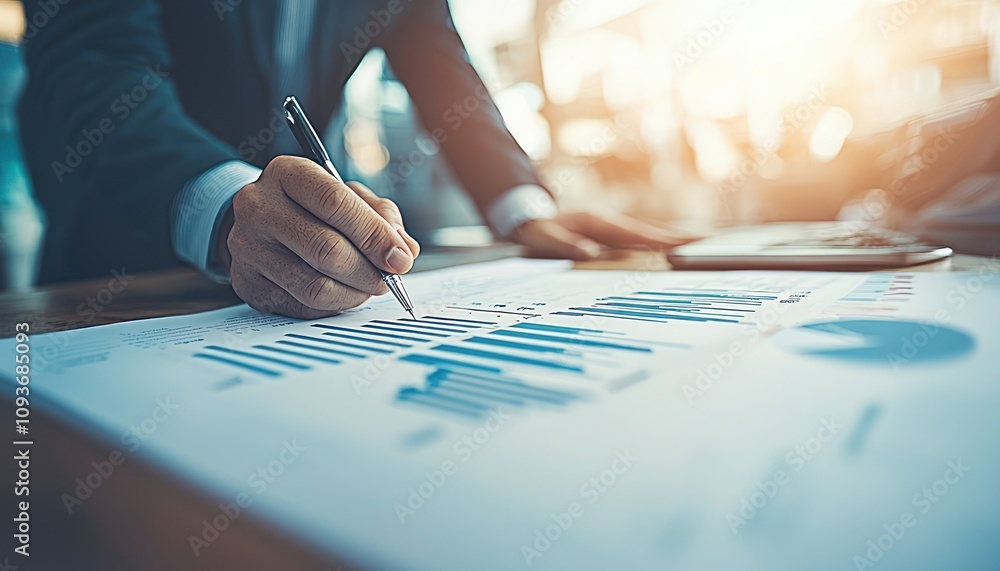 Poster close-up of a hand writing on a financial graph