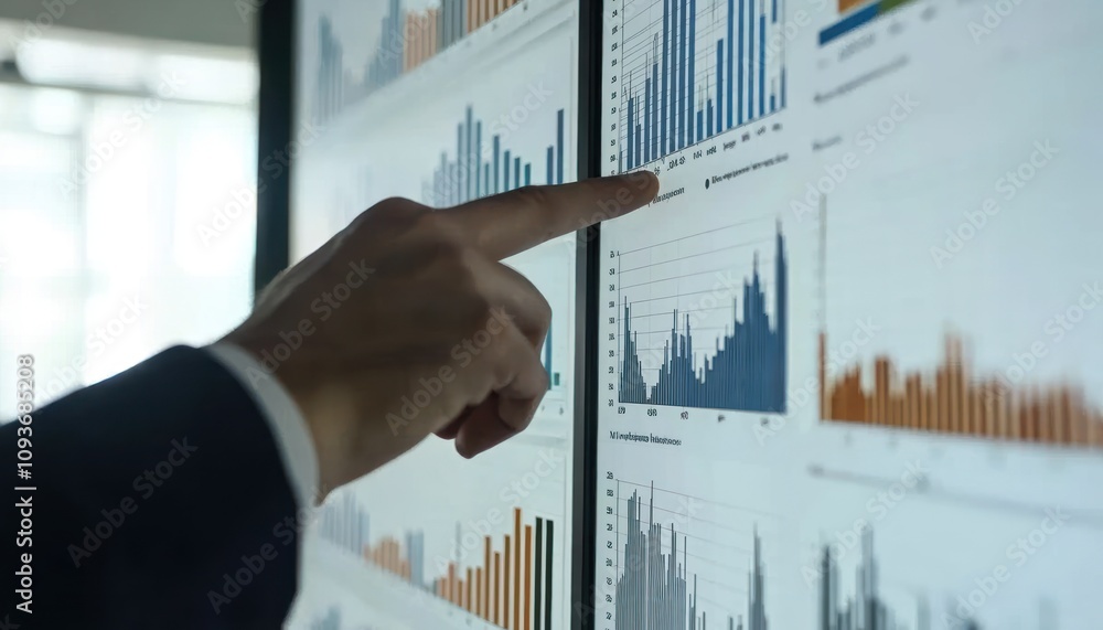 Poster a hand pointing at a bar graph on a large whiteboard