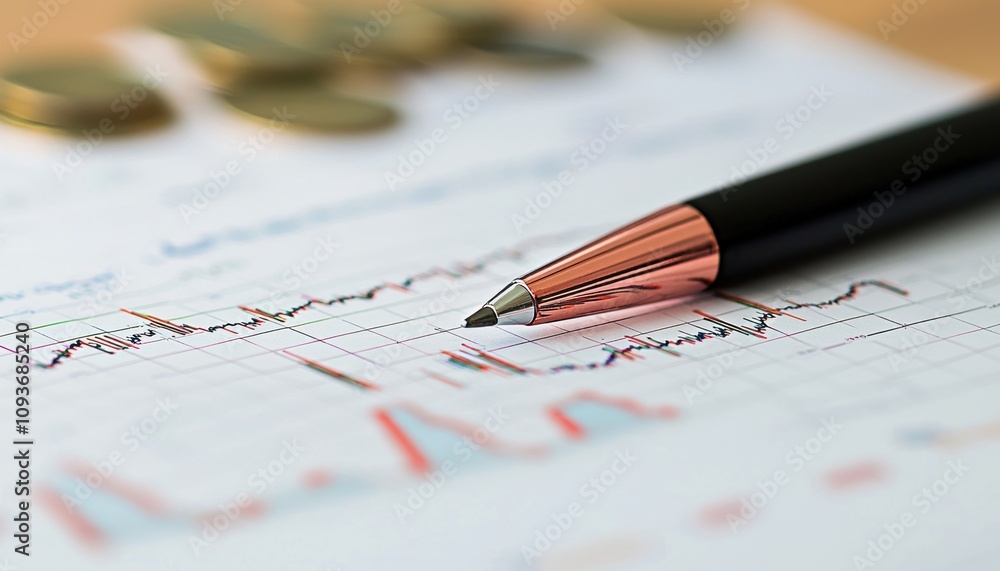 Poster A Close-up of a Pen Resting on a Financial Graph with Coins Out of Focus in the Background