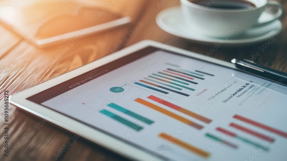 Poster Close-up of a Tablet Displaying a Bar Graph with a Pen and Coffee Cup in the Background