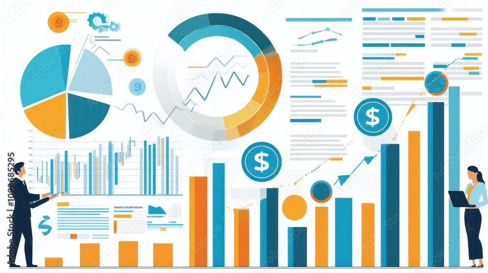 Poster business people analyzing financial data with graphs and charts