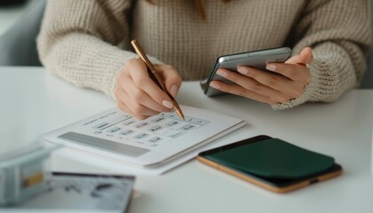 Fototapeta premium Woman in a Beige Sweater Uses a Pen and Smartphone to Schedule in a Planner