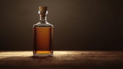 A Glass Bottle of Amber Liquid on a Wooden Table