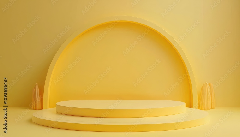 Poster two-tiered circular platform in a yellow minimalist studio setting