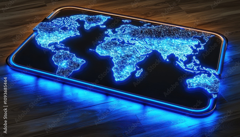 Poster Neon Sign with World Map and Connected Lines