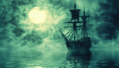 Silhouetted Ship on a Misty Sea under a Full Moon