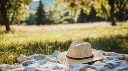 Picnic in the Park: Straw Hat and Plaid Blanket