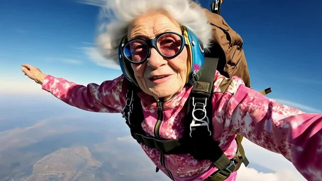 An old lady with a parachute. Grandma is flying in the sky with a parachute. The extreme of an elderly woman