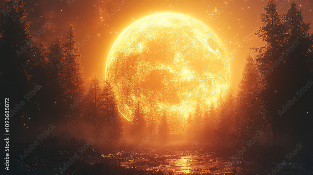 Poster stunning large orange moon rises over a dark forest during twilight creating a mystical atmosphere. 