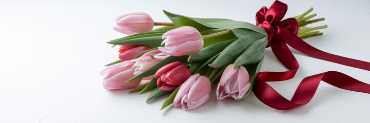 Fototapeta premium A banner with a fresh bouquet of pink and red tulips, artfully arranged on a snow-white background. The bouquet is tied with a luxurious red ribbon, giving it sophistication and contrast.