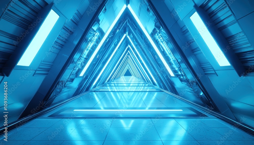 Poster futuristic corridor with triangular geometry and glowing blue lights