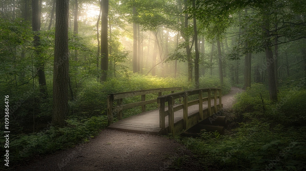 Poster wooden bridge through a misty forest path
