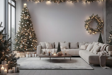 Aesthetic room interior design with Merry Christmas elements. Wall with New Year decoration in the apartment. Holiday tree in the room.