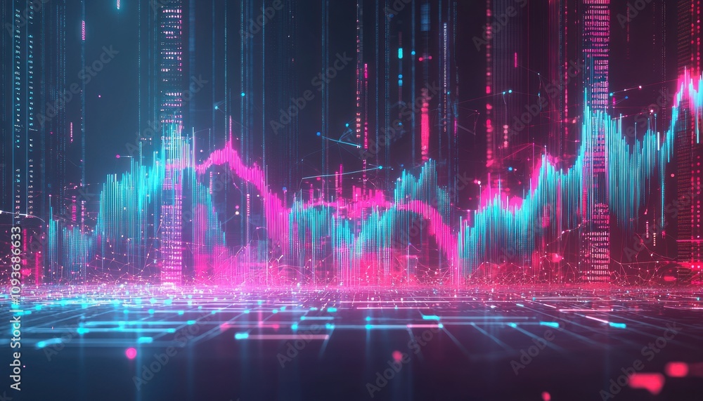 Fototapete Abstract Cityscape with Neon Lights and Data Flow