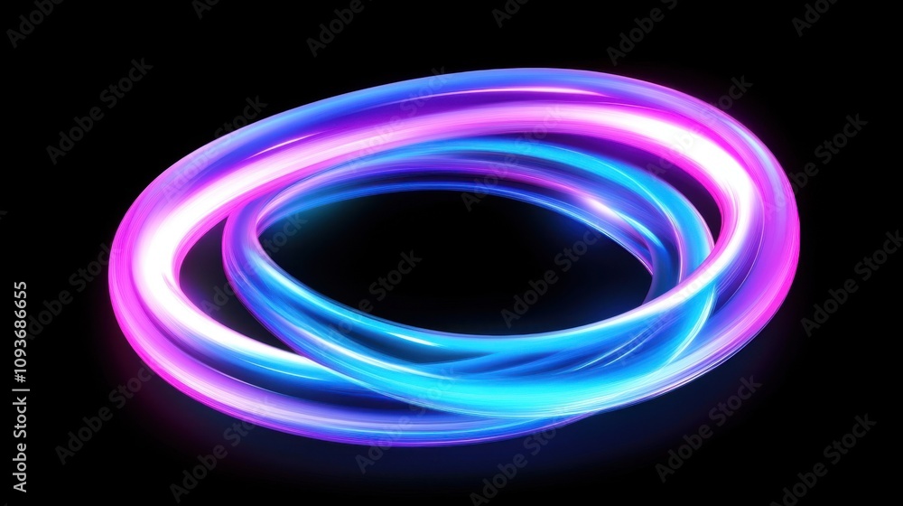 Poster neon light rings creating vivid abstract shape in dark background