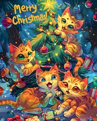 'Merry Christmas' typography on a festive background with illustrated cats climbing a Christmas tree with ornaments and gifts. Template for a Christmas greeting card