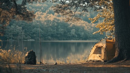 Camping site with tent, backpack, and fishing pole by tranquil lake forest