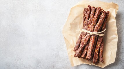 Tied beef jerky sticks on parchment paper, textured background