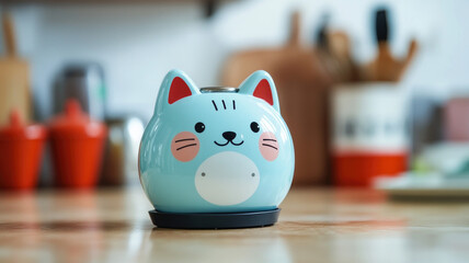 Adorable blue ceramic cat figurine with rosy cheeks on kitchen table