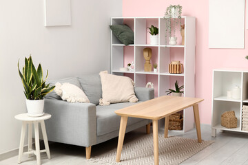 Cozy sofa, shelving unit and coffee table in living room