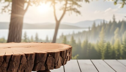 A wooden log slice on a table with a nature background