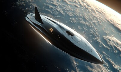 Obraz premium A sleek, futuristic spacecraft gliding through space above a glowing planet