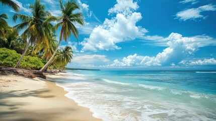 Tropical Paradise: Palm Trees, Azure Ocean, and Pristine White Sand Beach