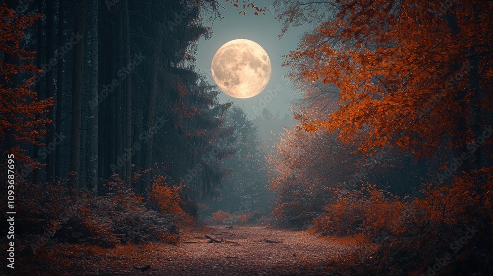 Poster Full Moon Illuminating a Misty Forest Path