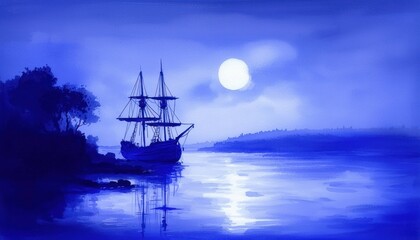 Fototapeta premium A Silhouetted Sailboat at Dusk Under a Full Moon