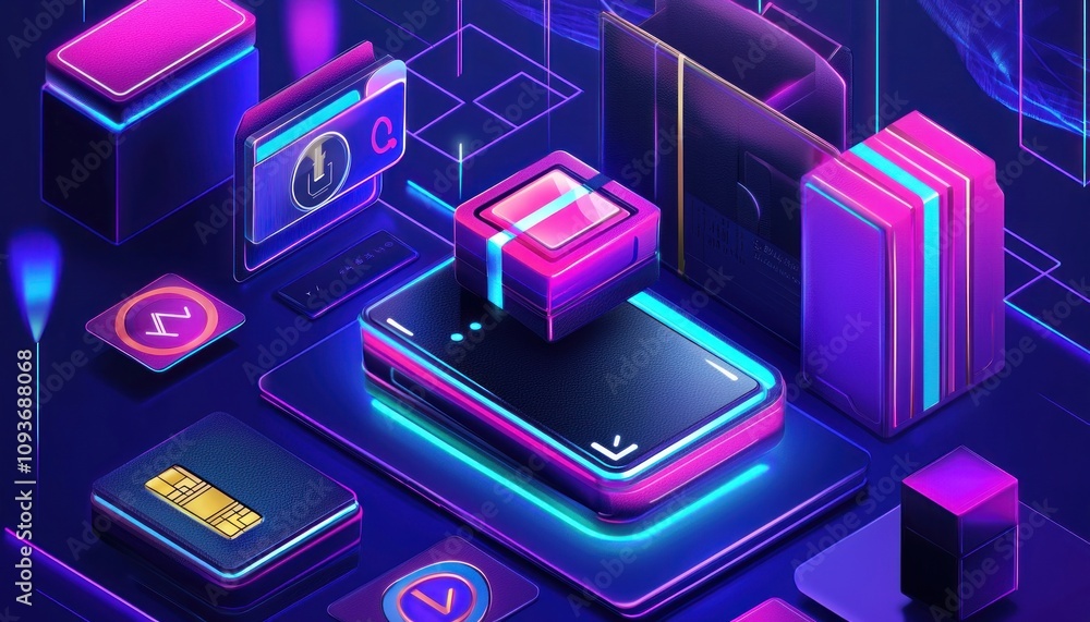 Aufkleber neon-lit abstract geometric shapes with digital elements