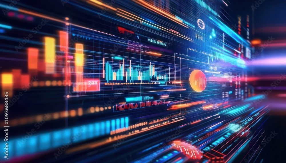 Leinwandbilder Abstract digital interface with colorful lines and data visualizations