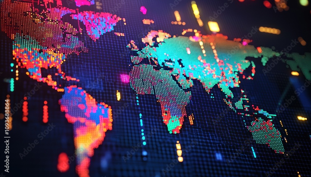 Poster A Colorful Digital World Map with a Grid Overlay