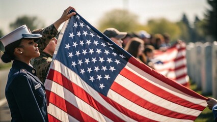 Beautifully waving star and striped American flag Close Up for Memorial Day or 4th of July. people holding flag
