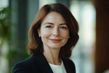 Fototapeta premium Close-up headshot of confident European mature, good looking middle-aged leader, businesswoman CEO on blurred office background. Beautiful senior European businessman smiling at the camera
